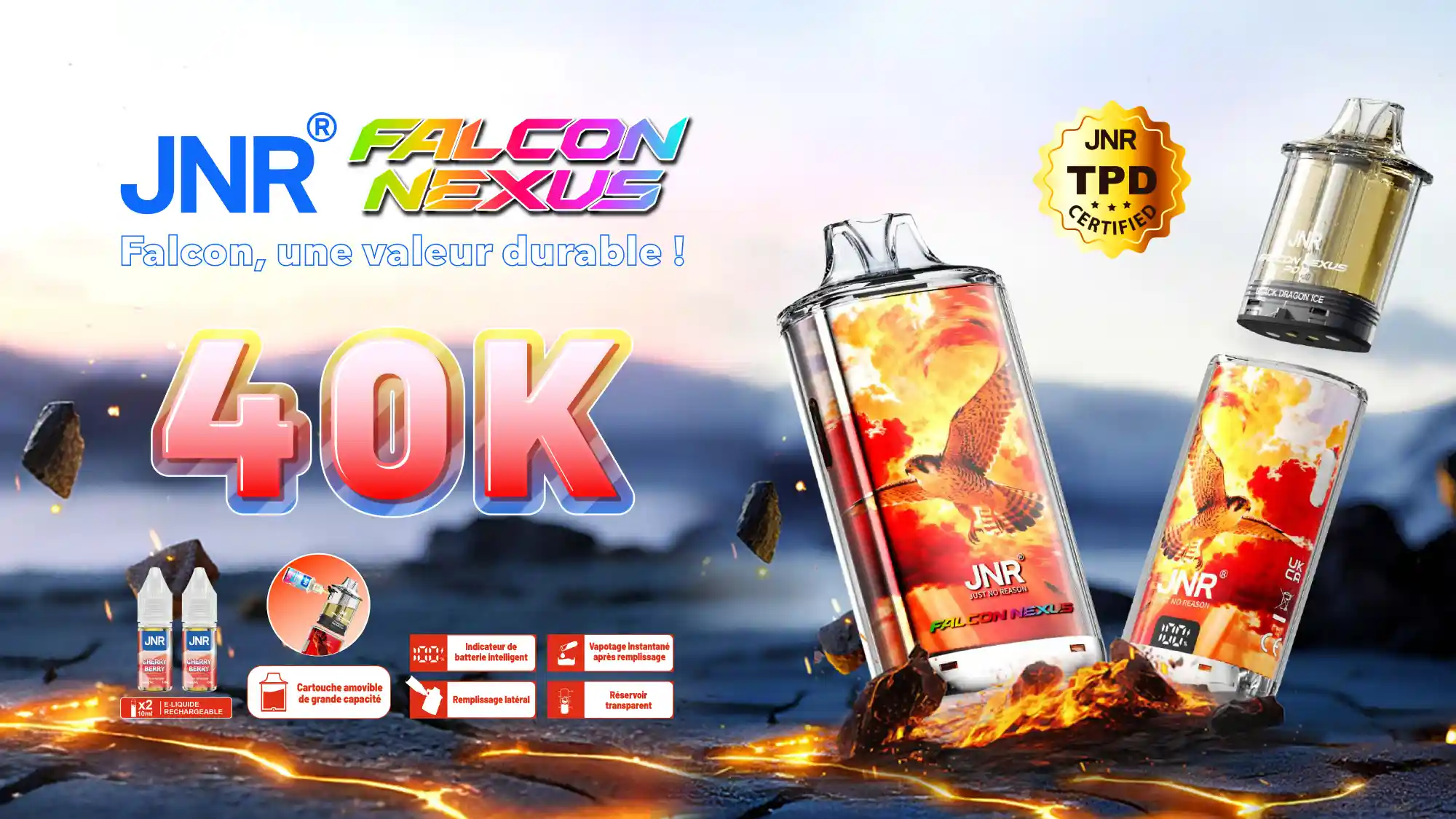 JNR Falcon Nexus 40K vape rechargeable premium France